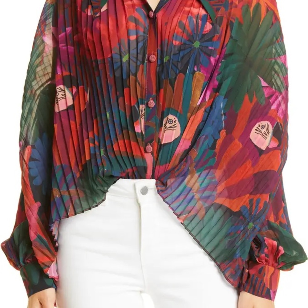 Farm Rio Bird Flowers Pleated Long Sleeve Shirt
